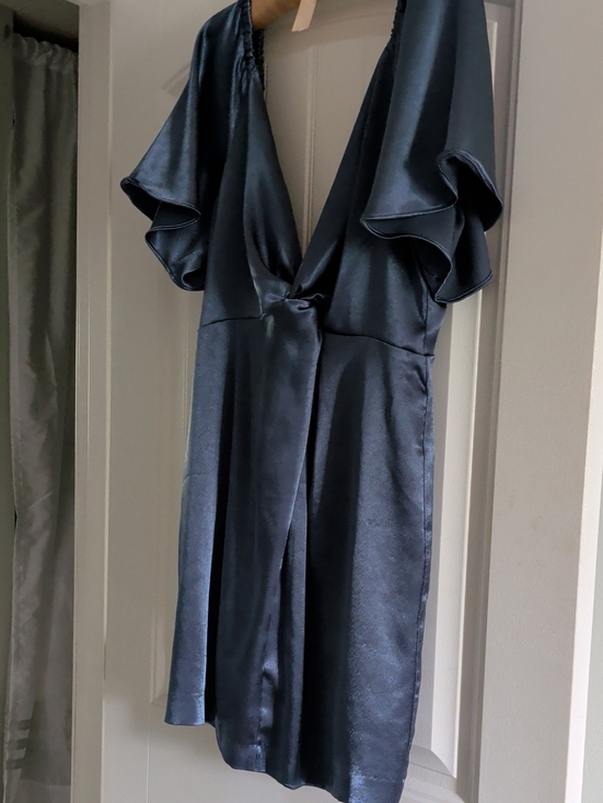 Free People Dresses & Skirts - Free People Satin-feel V-Neck Tie-Back Dress in Teal With Flutter Sleeves